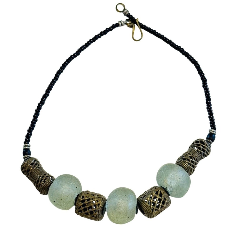Vtg Collar Necklace Art‎ Sea Glass Rare Brass Filigree Beaded Choker Trading 16"